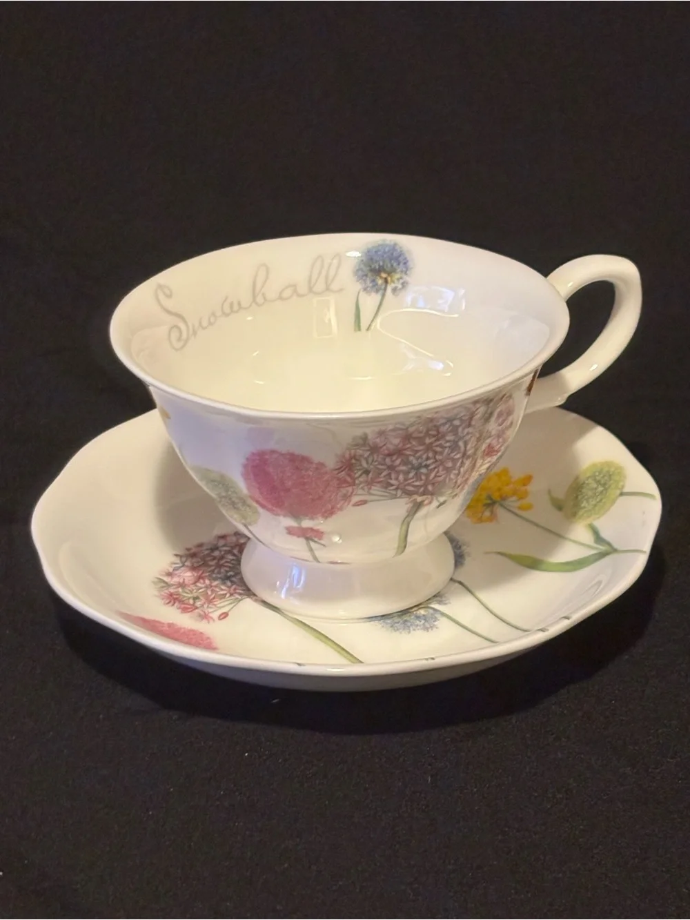 Stechol Bone China Snowball Teacup and Saucer Floral Design